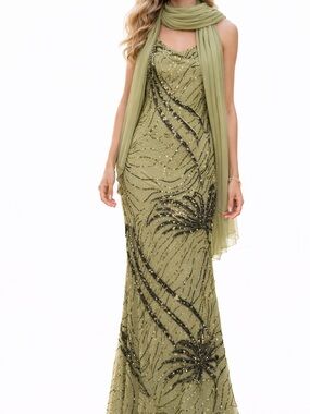 Cache 100% Silk Beaded Dress + Scarf Olive Green Vintage Y2K Size XS/S